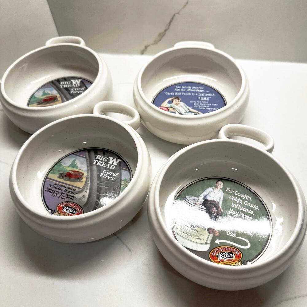 80's New Stackable Handle Soup Bowls Retro Advertising Watkins Set 4 Speckle